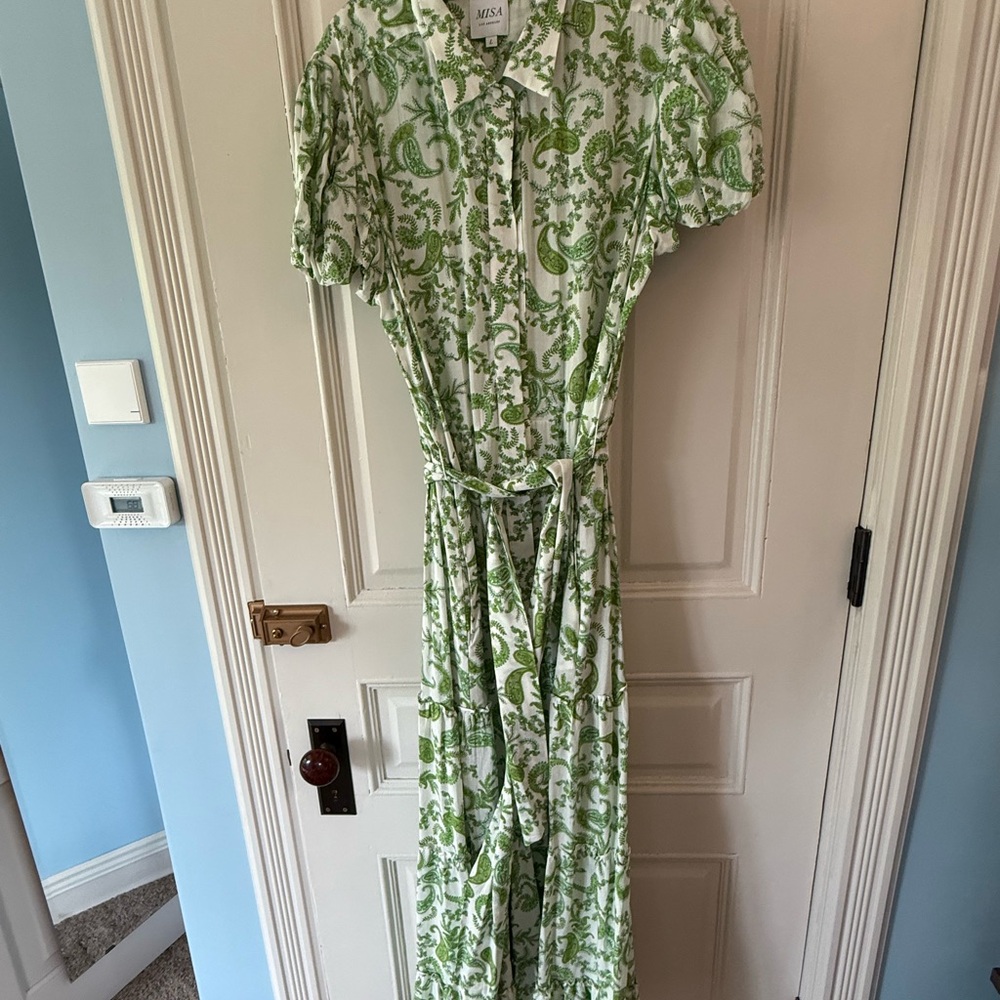 Misa Los Angeles White Maxi Dress with Green Paisley Print